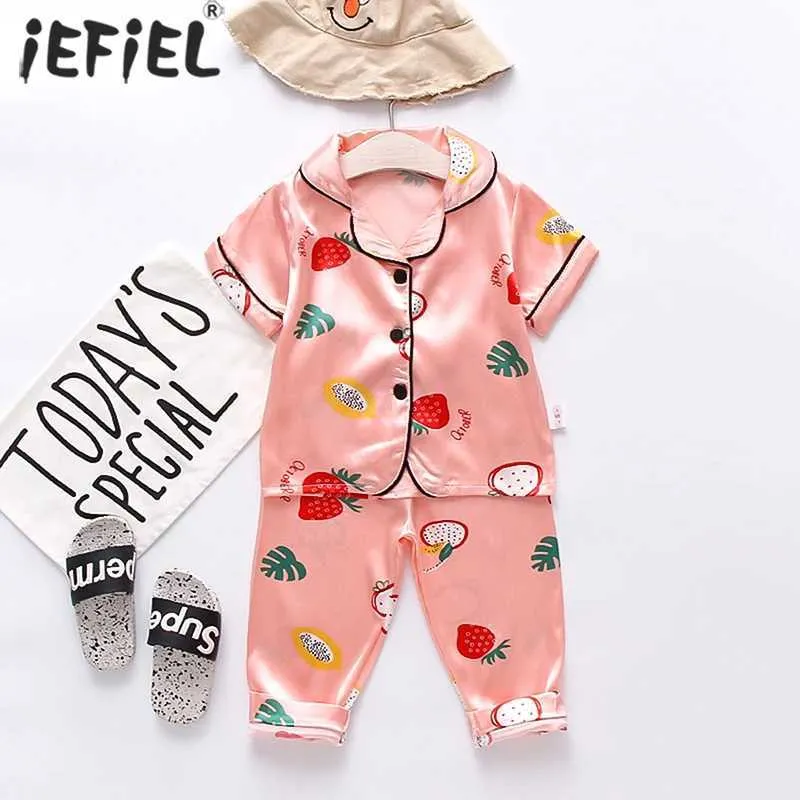 Pyjama's zomer babykleding zijden satijnen pyjama set voor jongens en meisjes kindercartoon dierenfamilie 1-4y d240515