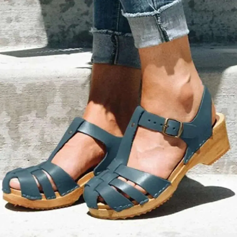 Women Sandals Summer T Strap Hollow Out Mid Heels Platform Gladiator Ladies Shoes Closed Toe Beach Sandalias Mujer c06f oe