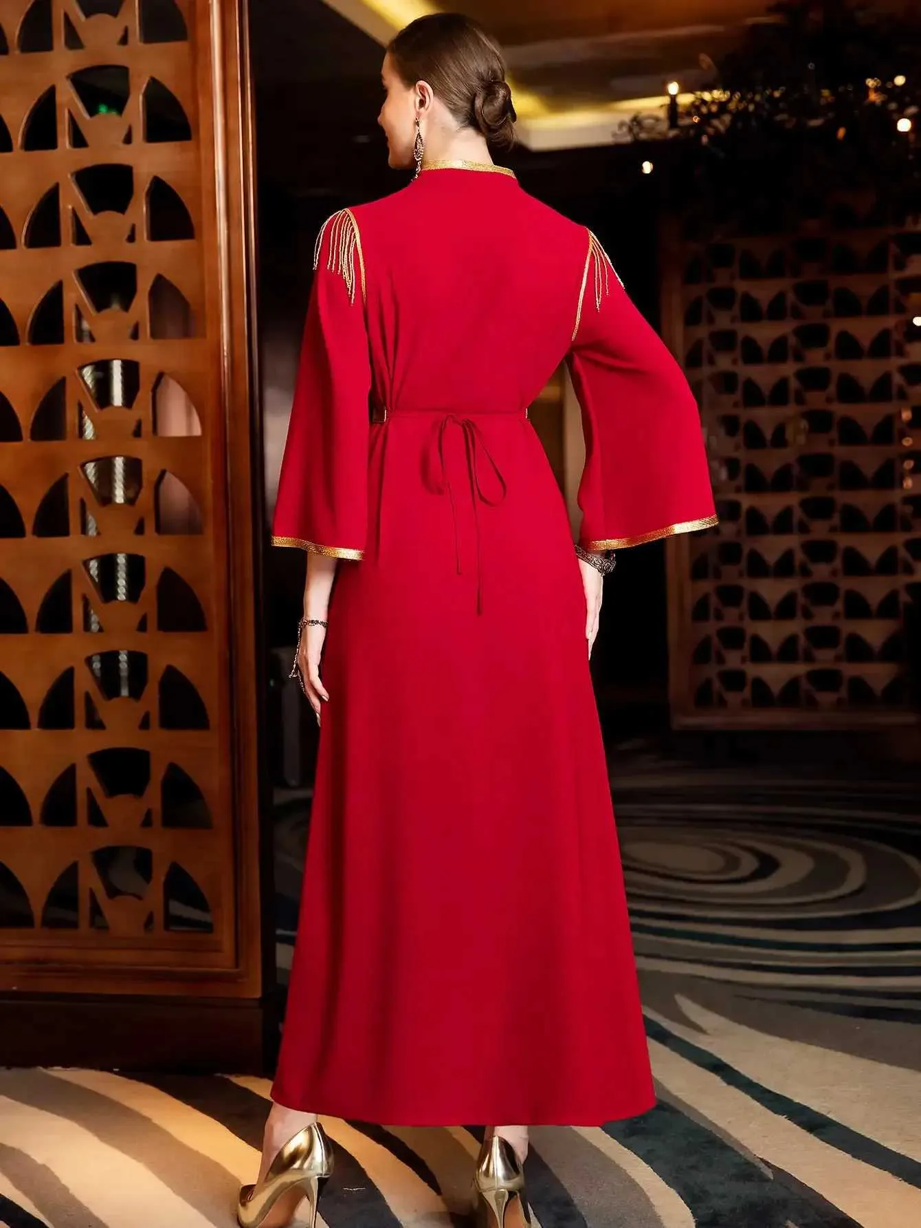 fitted lace wedding dress High-End Hand-Sewn Orange-Red Emirati Abaya with Diamond Design for Middle Eastern Gatherings and Festive Occasions main image 0