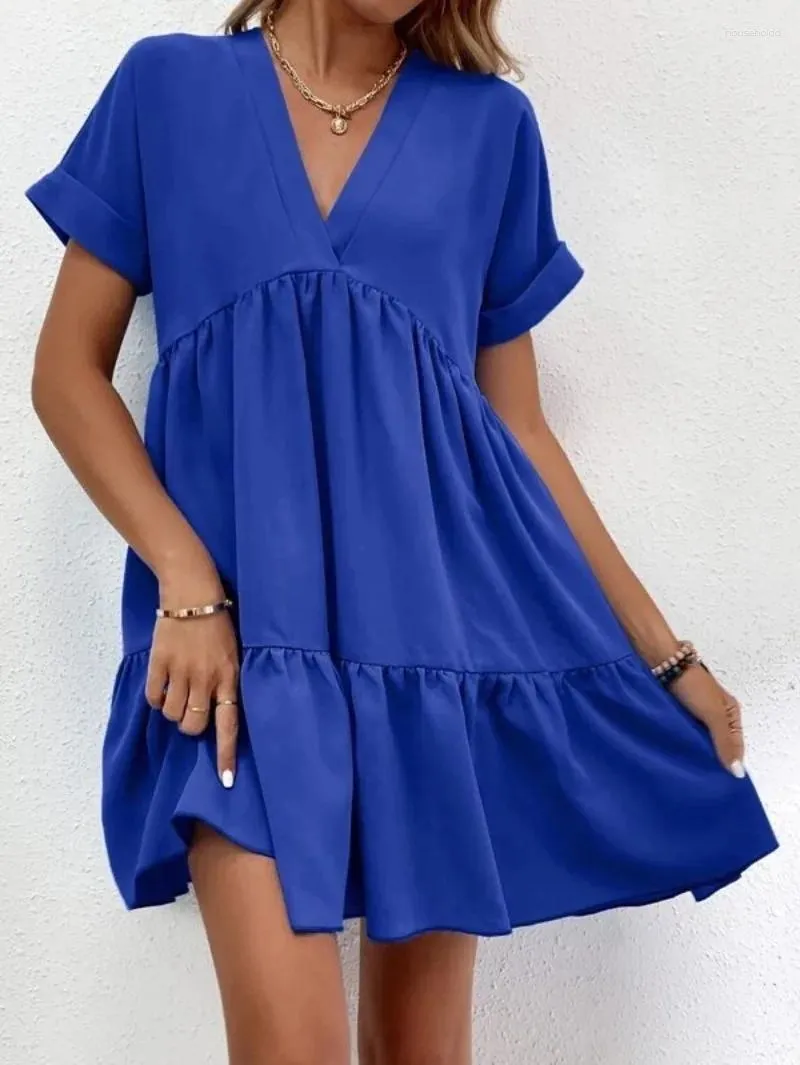 Casual Dresses Summer Women's Fresh and Sweet V-Neck Solid Color Stor Swing Kort klänning för kvinnor