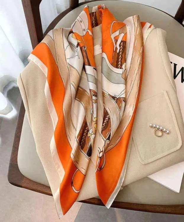 70x70cm Square Neck Silk Scarf Bandana 2022 Women Fashion Scarves Ladies Foulard Summer Luxury Brand Shawls Wraps Hair Hijabs Y2208757315