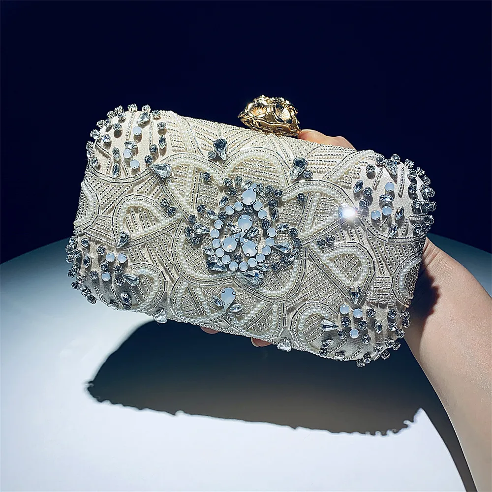 Hengmei New Factory Direct-Sells Hand-Held Evening Bag Handmade Bead Beaded Excroided Exquisite Dress Bride Clutch Bag One Peace Drop Shipp