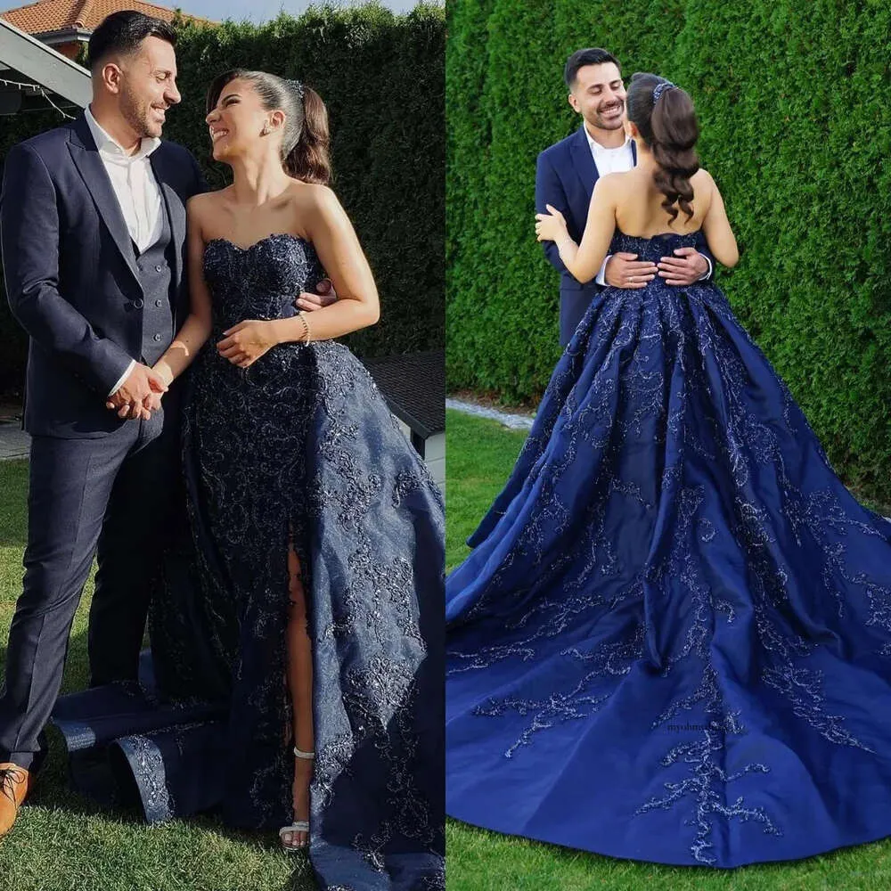 elegant navy blue wedding dress Sweetheart Ball Gown Navy Blue Wedding Dresses Satin Sweet 16 Dress Navy Blue / US4