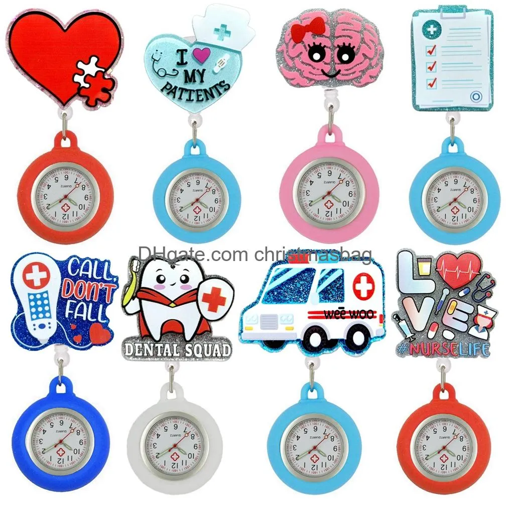 Party Favor Cartoon Glitter Shiny Nurse Doctor Medical S Hospital Heart Care Retractable Fob Clip Lovely Pocket Gifts Watches Clock Dr Otfb3