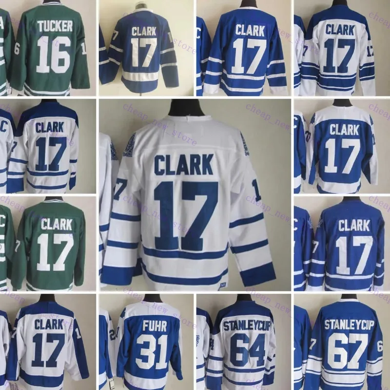 Tani retro hokeja hokeja 16 Tucker 17 Clark 31 Fuhr 64 67 Stanleycup 1917-1999 biały niebieski zielony vintage klasyczny film zszyty