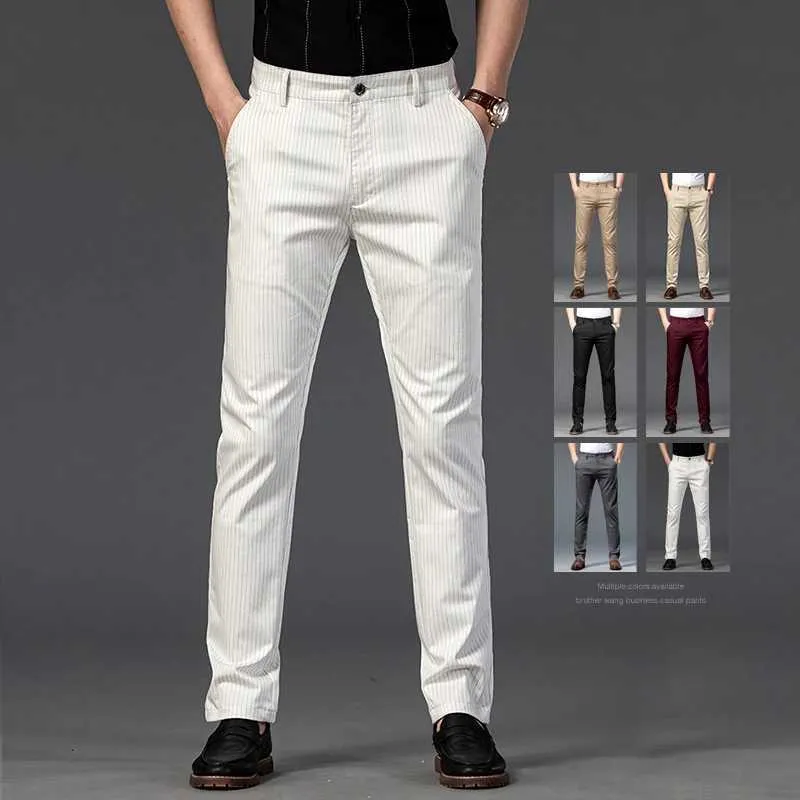 Herrenhosen Spring Herrengeschäft Straight Striped Casual Hosen Hochqualität Britische Mode weiche elastische Hose schwarz weißer Khaki Gray Y240514
