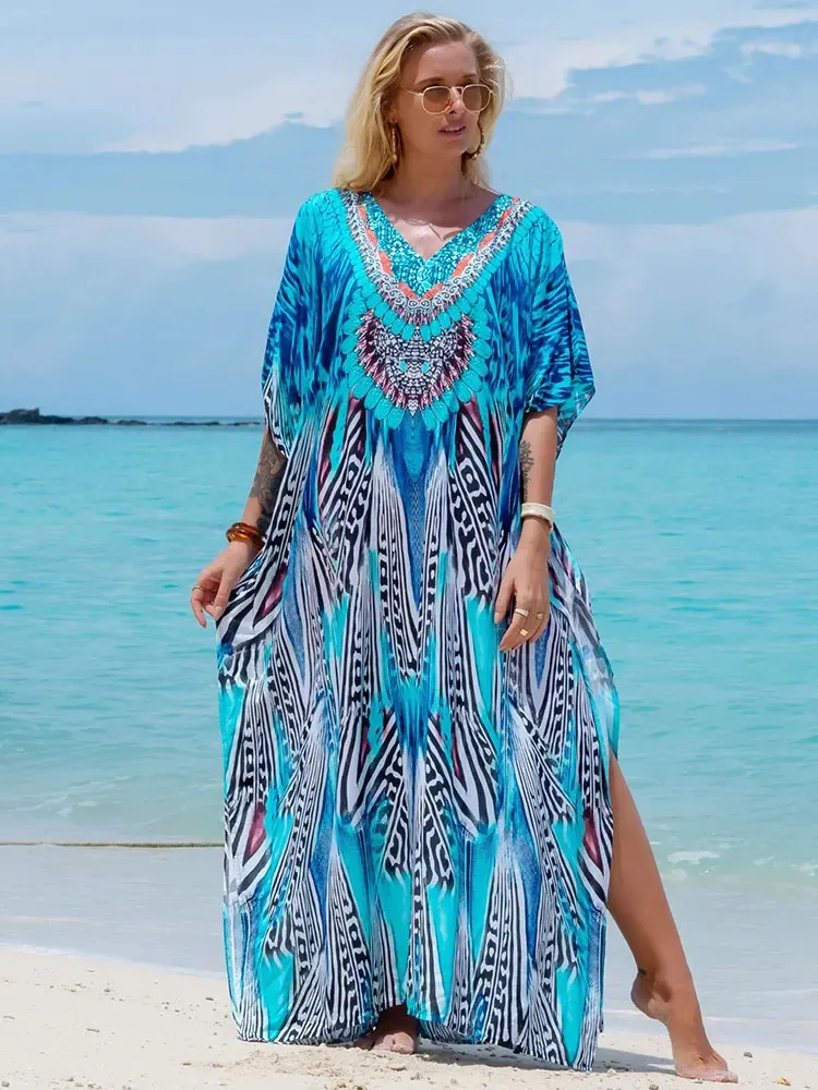 Bohemian Seaside Plus Size Print Kaftan Langes Kleid sexy V Hals Loose Robe Women Summer Beachwear Badeanzug Coverups Q1415 240508