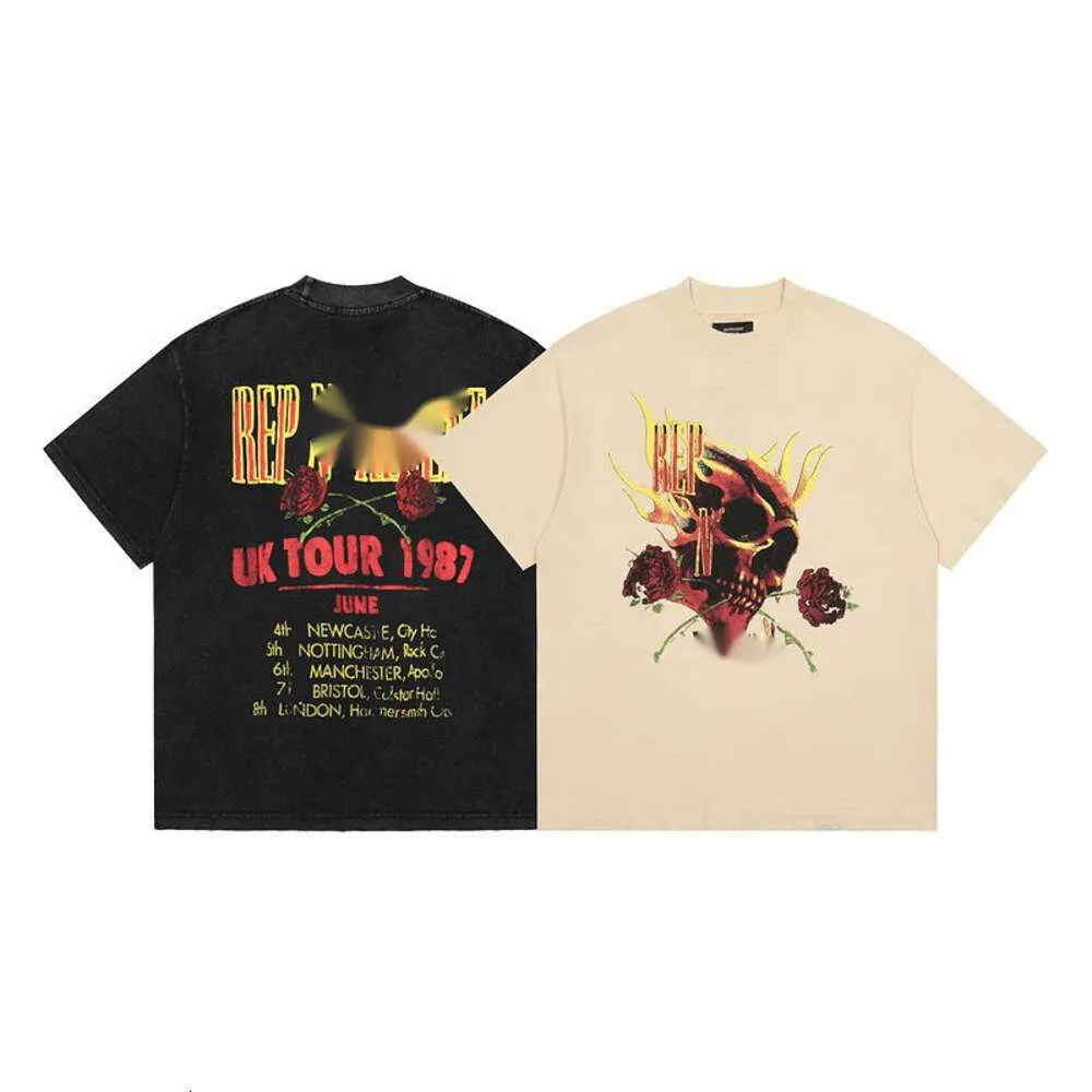 Trend Versatile Tee Represente Tshirt Mens T-Shirts Designer Fashion Vintage Rose Skull Rock Band High Street Wash Short Sleeve T-shirt