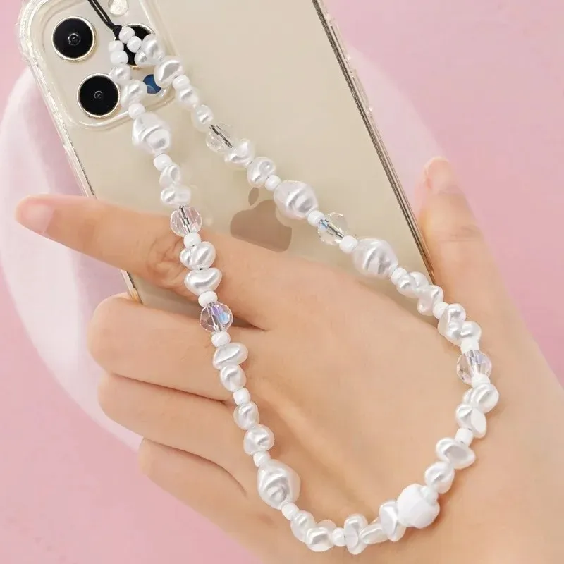 Weiße Perlenketten Mobiltelefonkette Kristallperlen Telefon Hülle Lanyard Mobile Gurt Imitation Perlen Telefon Schmuck Schmuck