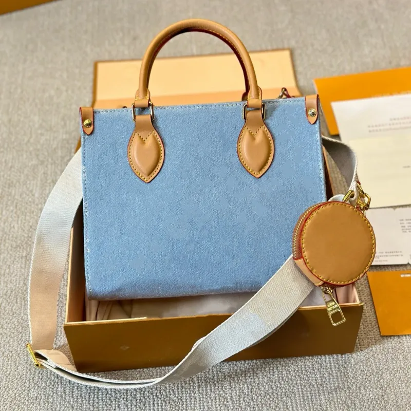 Lyxväskor Kvinnor Designer Bag On the Go handväska mm Vintage Denim Bag Crossbody Axel Tote Bag Fashion Canvas Bag Kassar