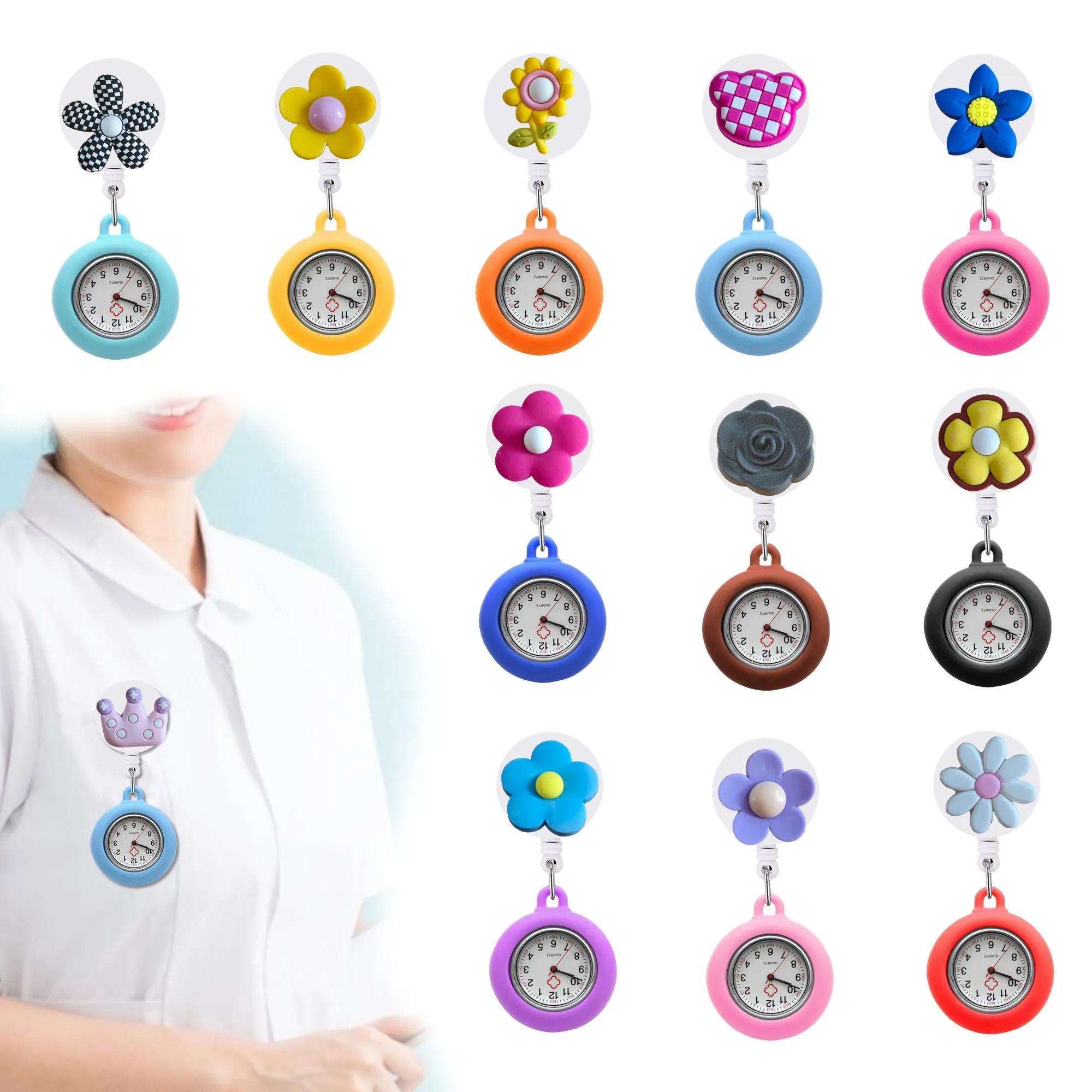 Childrens Watches Flower 2 12 Clip Pocket On Quartz Watch With Second Hand Nurse Glow Pointer in the Dark Dractable Digital FOB CLOC OT260