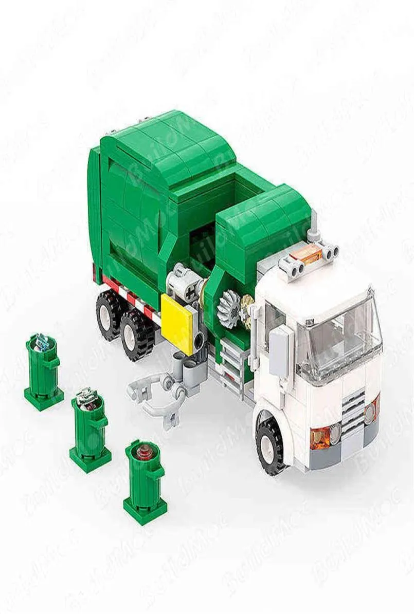Buildmoc Hightech Green White Car Garbage Truck City Cleaner DIY Toy Building Builds Model Model Model Y1130339P5008059