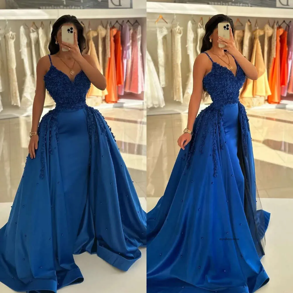 Elegant Navy Blue Strapless Appliques Pearls Evening Prom Dress with Overskirt and Split