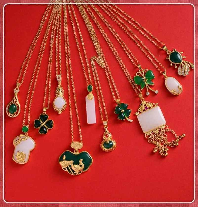 Hela fina gröna Jadetiger Eye Stone Pendant -halsband för kvinnor Green Malaysian Jade China Ancient Mascot 24K Gold Plated Jew3762337