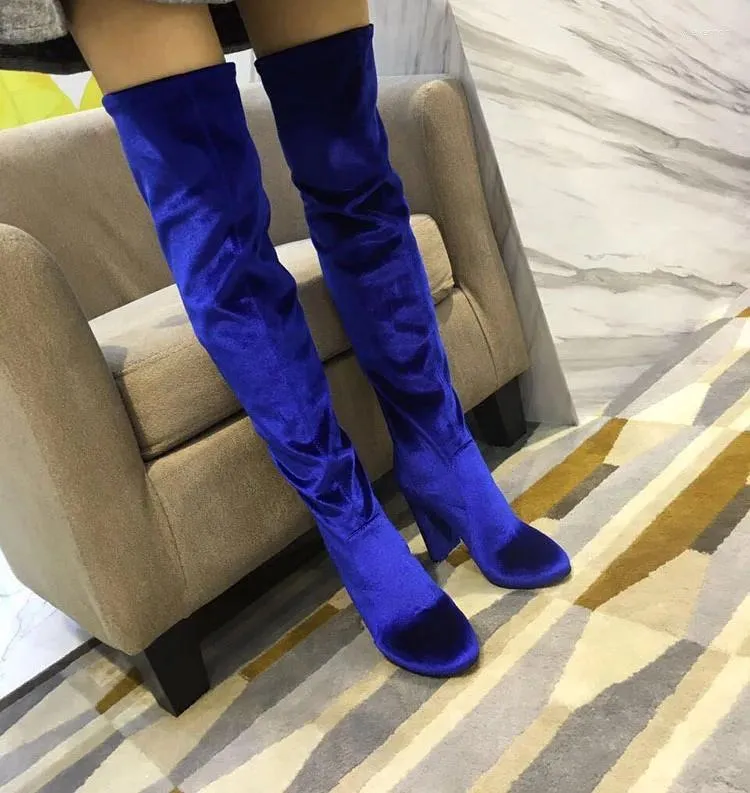 Thigh high blue velvet boots hotsell