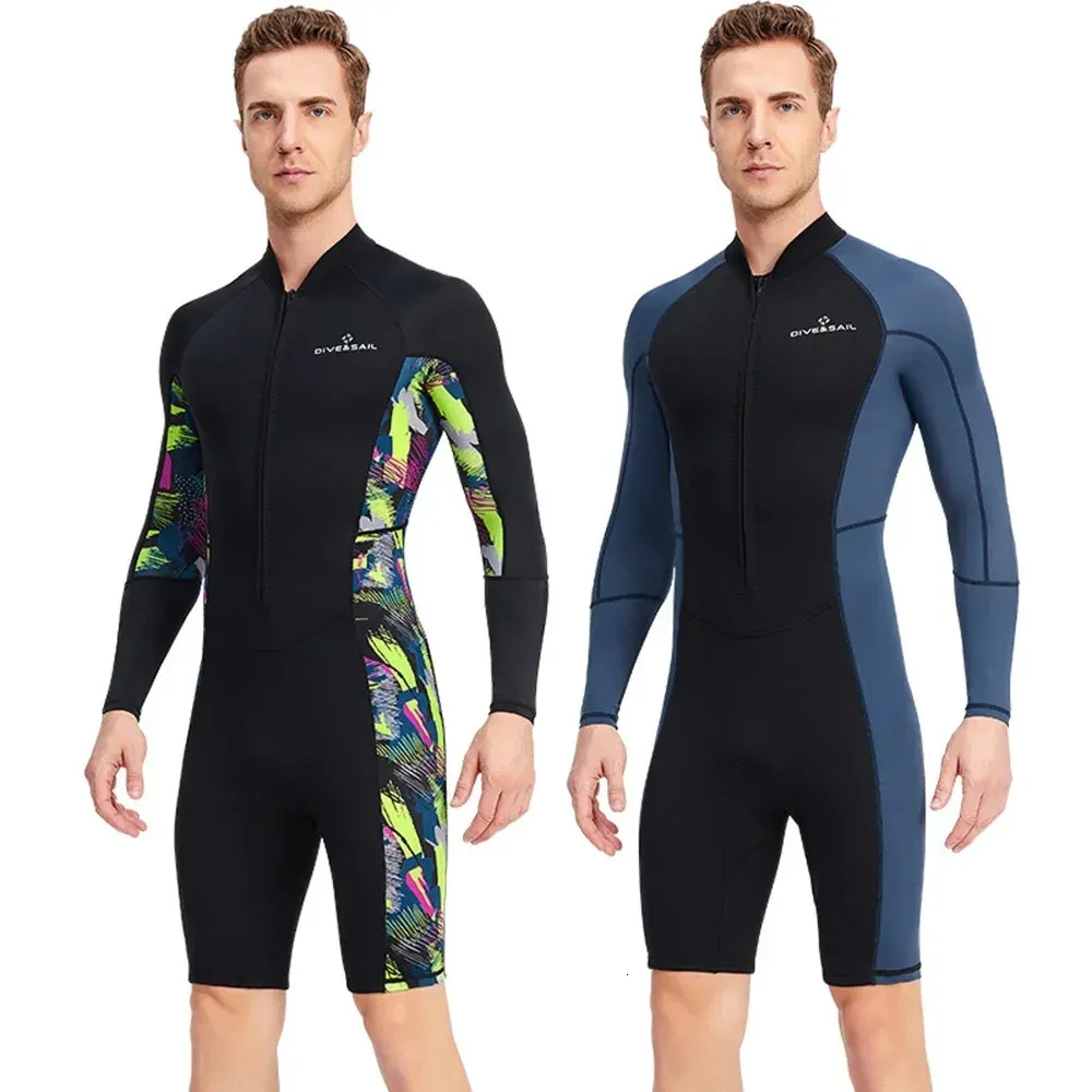 1.5mm Neoprene Shorty Mens Wetsuit UV-proof Front Zip Lycra Long Sleeves Diving Suit for Underwater Snorkeling Swimming Surfing 240507