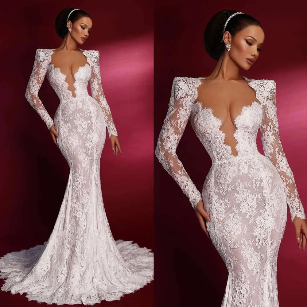 V Neck Trumpet Mermaid Sheer Long Sleeve Wedding Dress