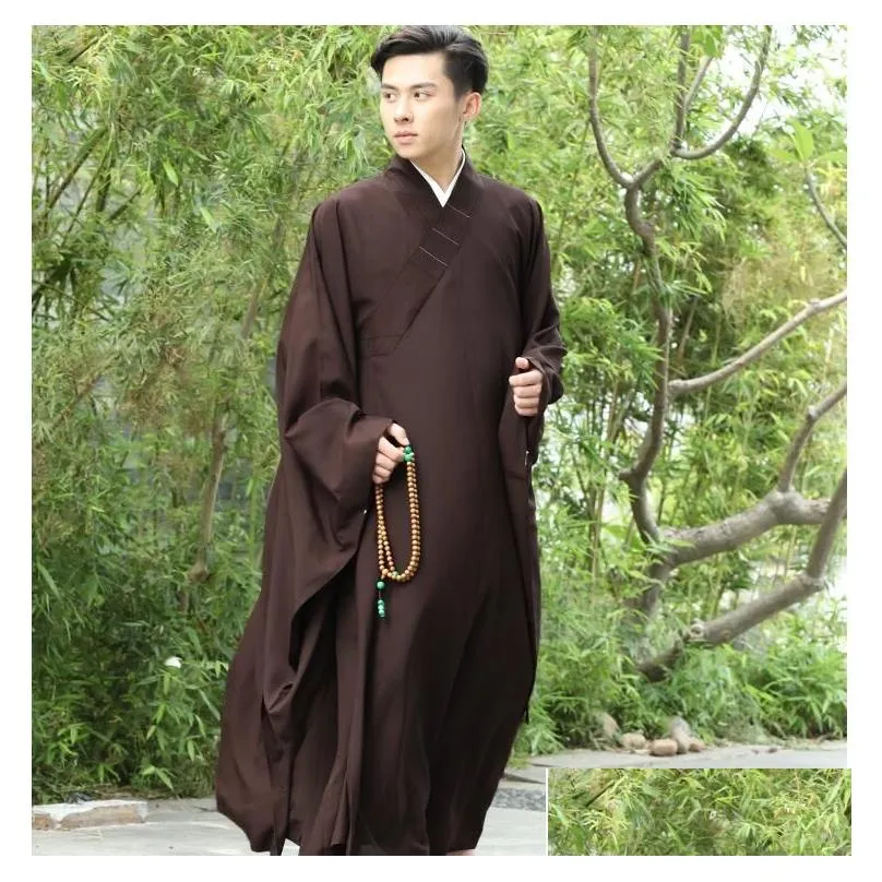 Capas de zanja masculina 3 colores Zen Bata Budista Lay Monk Meditation Vestido de entrenamiento Uniforme Traje Conjunto de ropa Budista Drop de entrega de Otmba