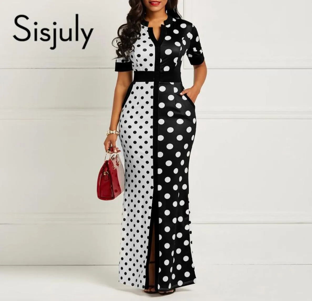 Sisjuly vintage bodycon klänning kvinnor lång svart vit polka dot bandage split mager office lady elegant party sexiga maxi klänningar y12014348