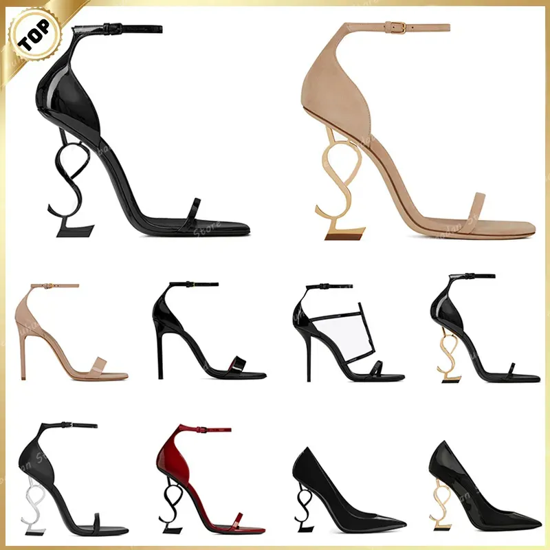 Tasarımcı Sandallar Lüks Üst Patent Deri Posty 8cm10cm Yüksek Topuklu Yeni Moda Kadın Bir Kayış Parti Ayakkabı Marka Seksi Elbise Ayakkabı Metal Mektup Topuk Düğün