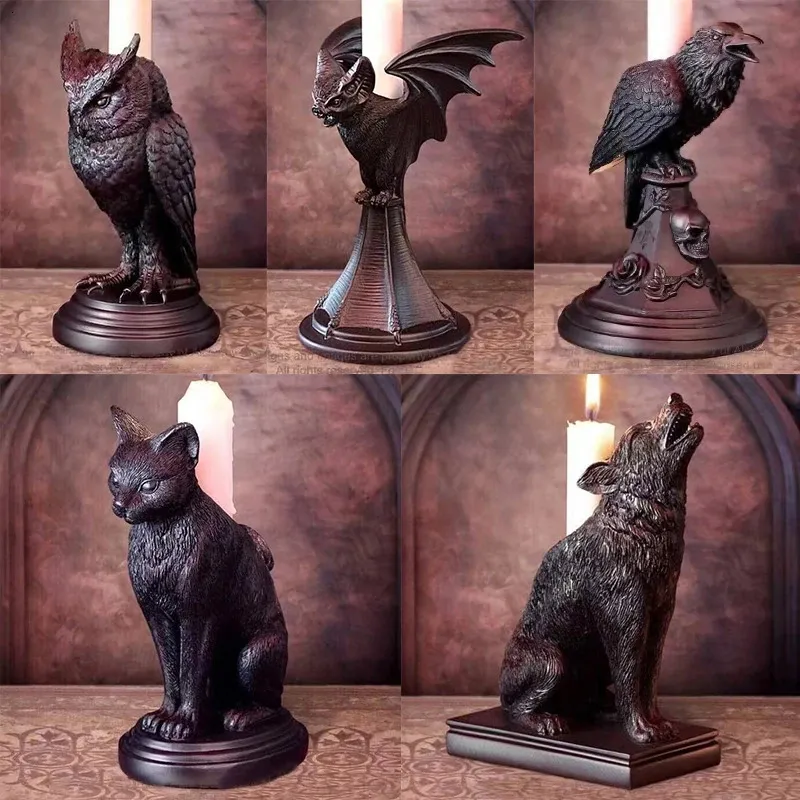 Retro Gothic Animal Candle Holder Black Bat Wolf Leopard Crow Halloween Fun Atmosphere Home Decoration Akcesoria 240513