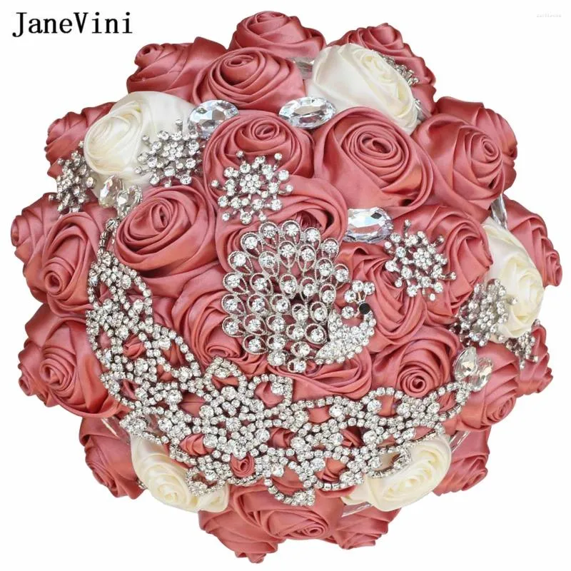 Wedding Flowers JaneVini 2024 Elegant Dusty Pink Ivory Artificial Satin Roses Brooch Bouquets Rhinestones Bridal Holding Flower Bouquet