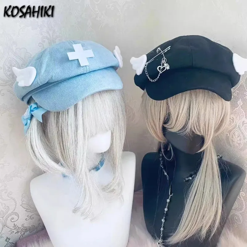 Y2k estetiska kvinnor änglar vingar hattar vårhöst lolita punk ljus färg söt hatt alla matchar japansk mode cap 240509