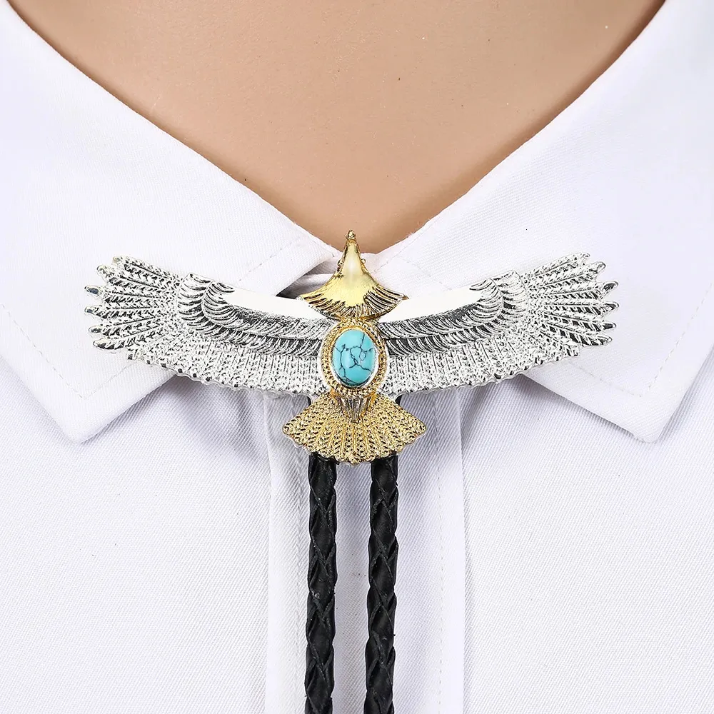 Western cowboy bolo tie silver eagle natural turquoise leather collar rope unisex casual clothing accessories 240423