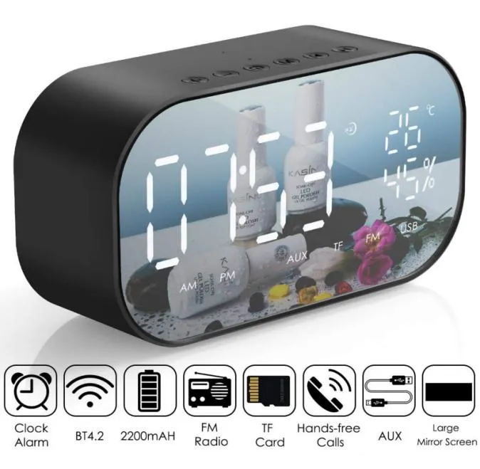 LED -wekker met FM Radio Wireless Bluetooth -luidspreker Mirror Display Ondersteuning Aux TF USB Music Player Wireless voor Office Home5823419