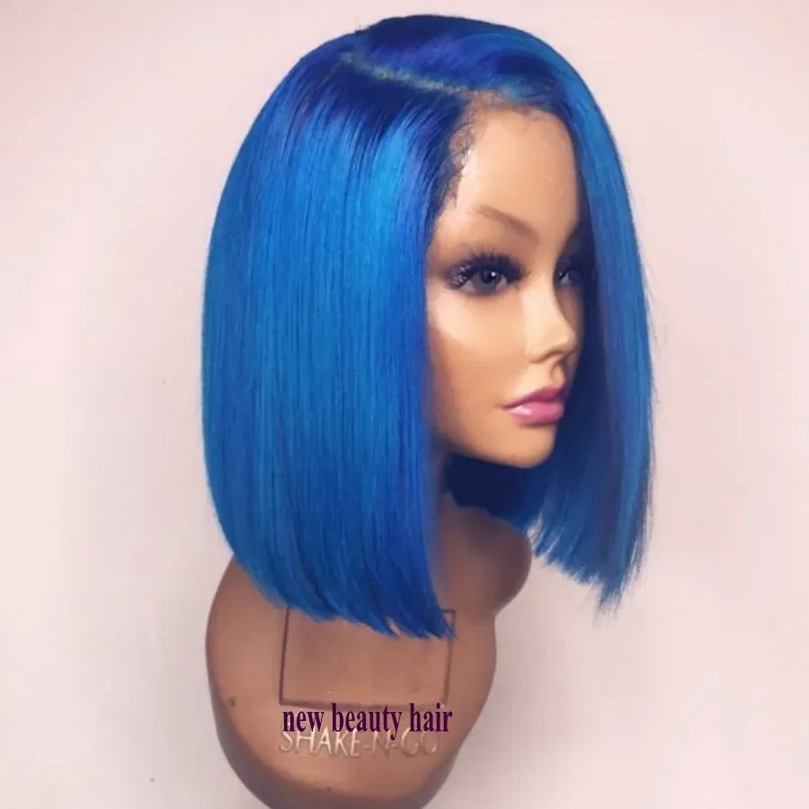 Perruques de haute qualité partie latérale naturelle Blue Blue Wigs Cosplay Bob Lace Front Perruque Pré-cueillette de cheveux pour bébés perruques frontales droites