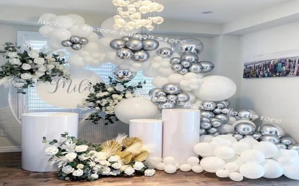 Décoration de fête 125pcs Ballon de mariage Garland Kit Silver White Chrome Globos 4d Ball Baby Shower Fond Wall Supplies92143237972039