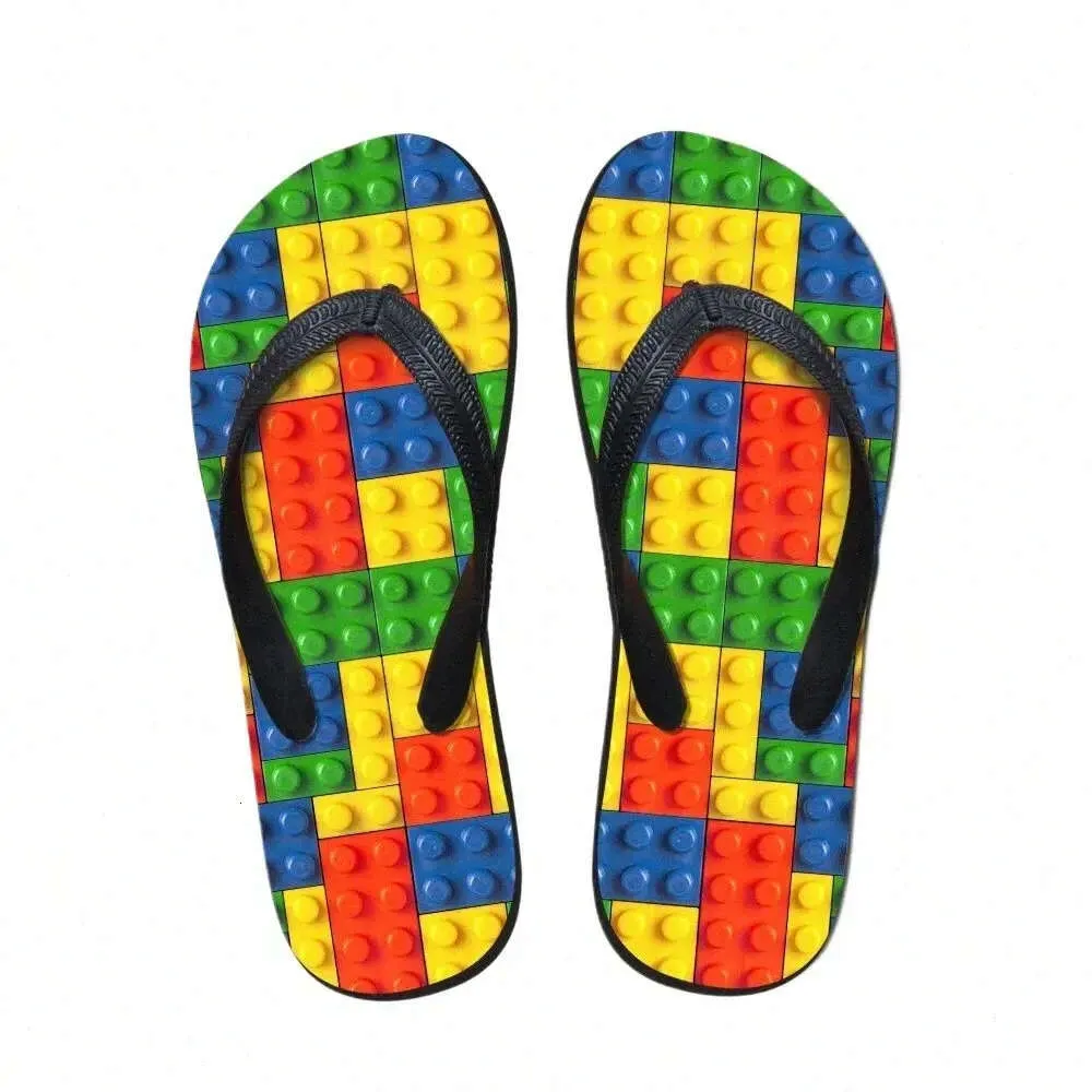 Wohnungen maßgeschneiderte Frauen Haus Slipper 3D Tetris Print Sommer Mode Strandsandalen für Hausschuhe Frau Damen Flip Flops Gummi -Fliplops W8KX# B084 S Flops