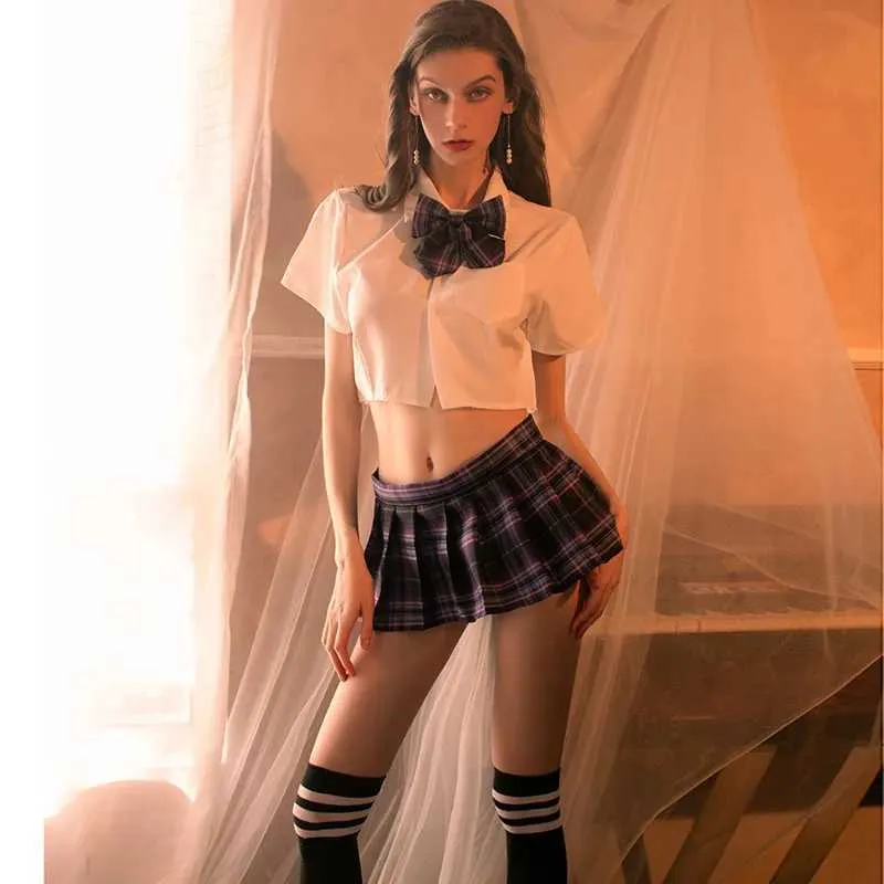 SEXE Set School Girl Costumes Cosplay Femmes Lingerie Babydoll Tops et Plaid Jirt Uniforme Role Play Erotic Q240514