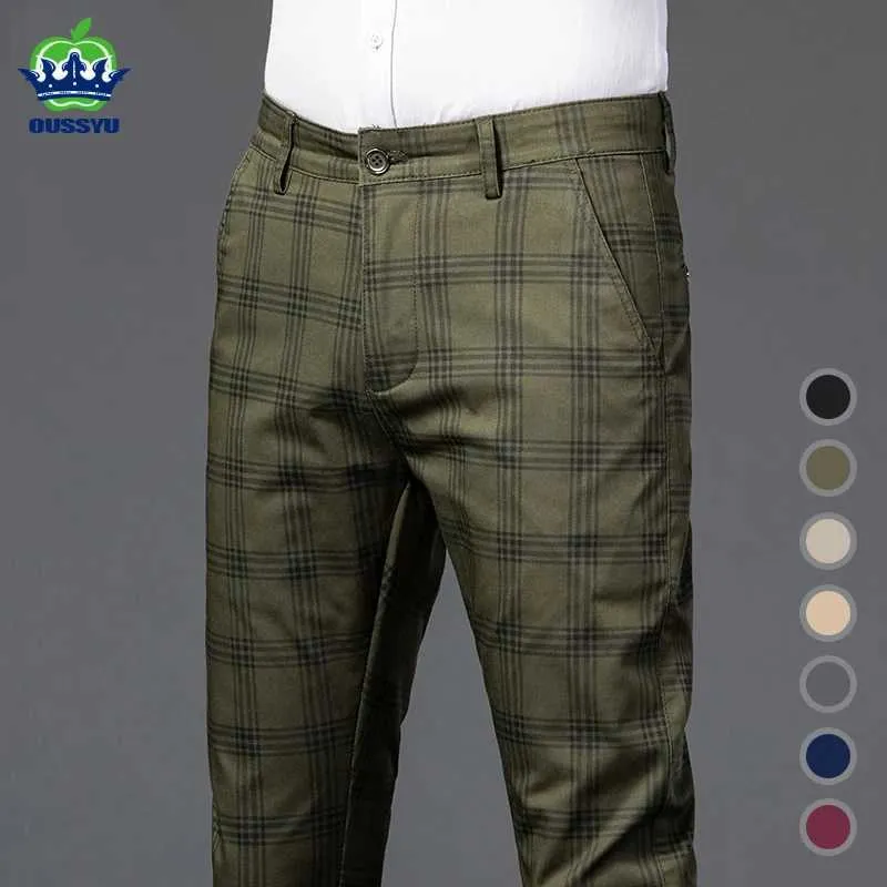 Men's Pants OUSSYU Brand New Mens Casual Pants Stretch Stripe Plaid Cotton Skinny Slim Cutting Army Grn Office wedding Trousers Male Y240514