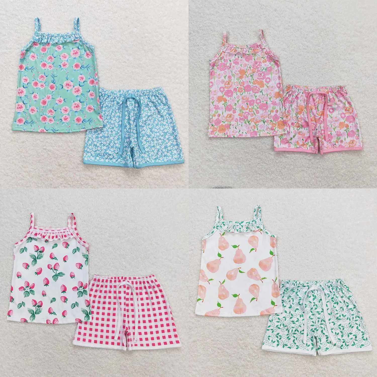 Pajamas Wholesale female baby sleeveless shirts pajama sets flower shorts baby flower sets summer childrens pajamas d240515