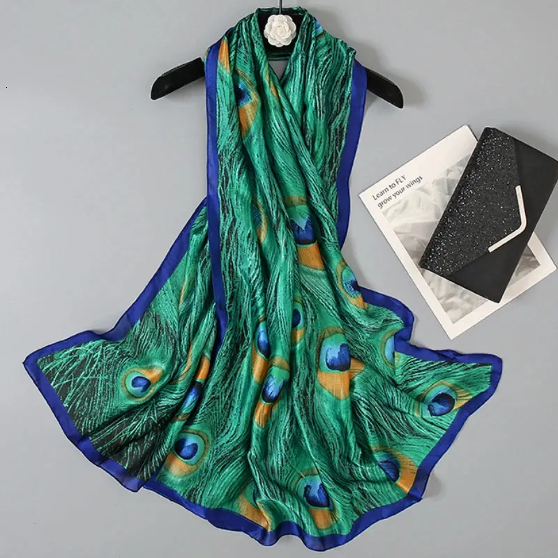 Yeşil Peacock Feather Hicap Yaz Plajı Parao İpek Eşarp Kadın Lüks Bandana Yumuşak Uzun Fulard Femme Tasarımcı Bufandas Mujer 240515