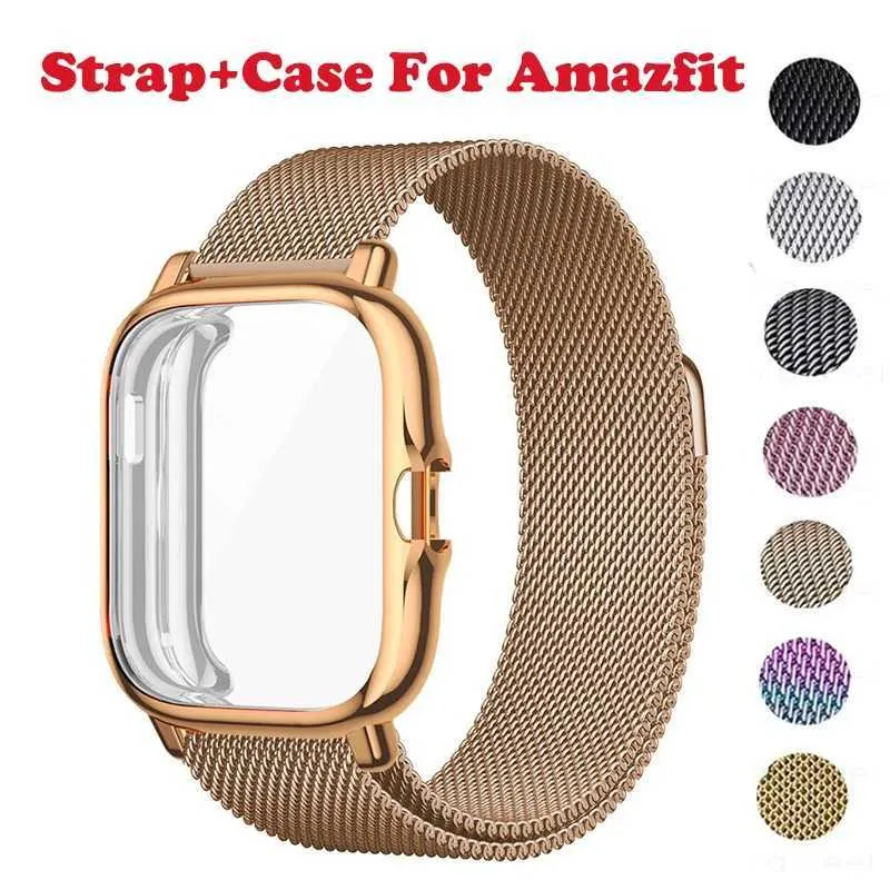 Mire bandas 2 en 1 cinta magnética de metal y protector de carcasa para Amazfit GTS 4 3 2 Mini Bip S U Pro con un parachoques externo cubierto Q240514