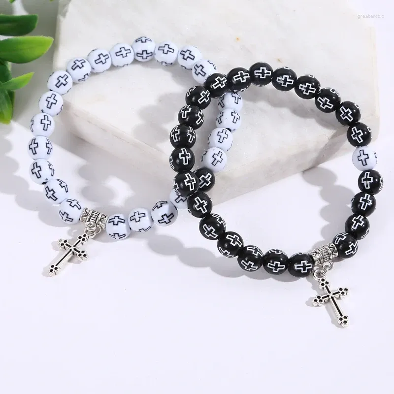 Strand Black White Cross Bracelet Rosary Beads Couple Style Resin Sweet Romantic Versatile