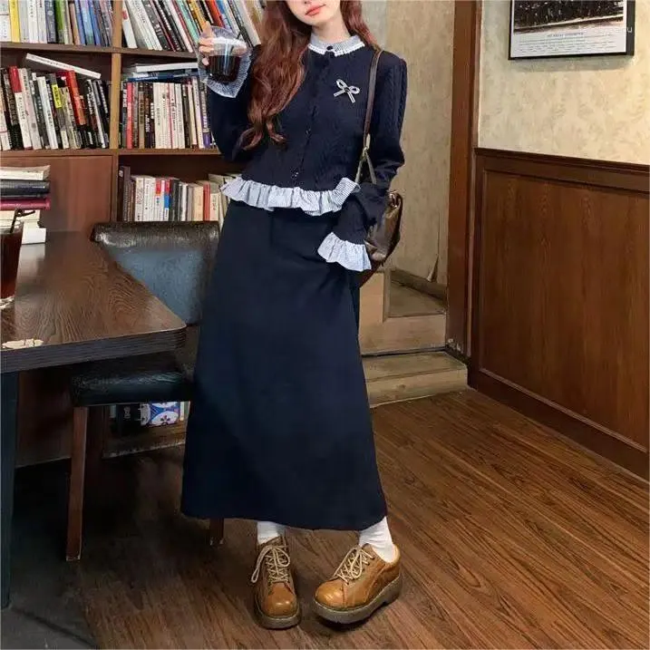 Rokken gebreide trui 2-delige set dames revers bijgesneden lange mouw vest en a-line rok sets vrouwelijke gebreide kleding Korea outfits