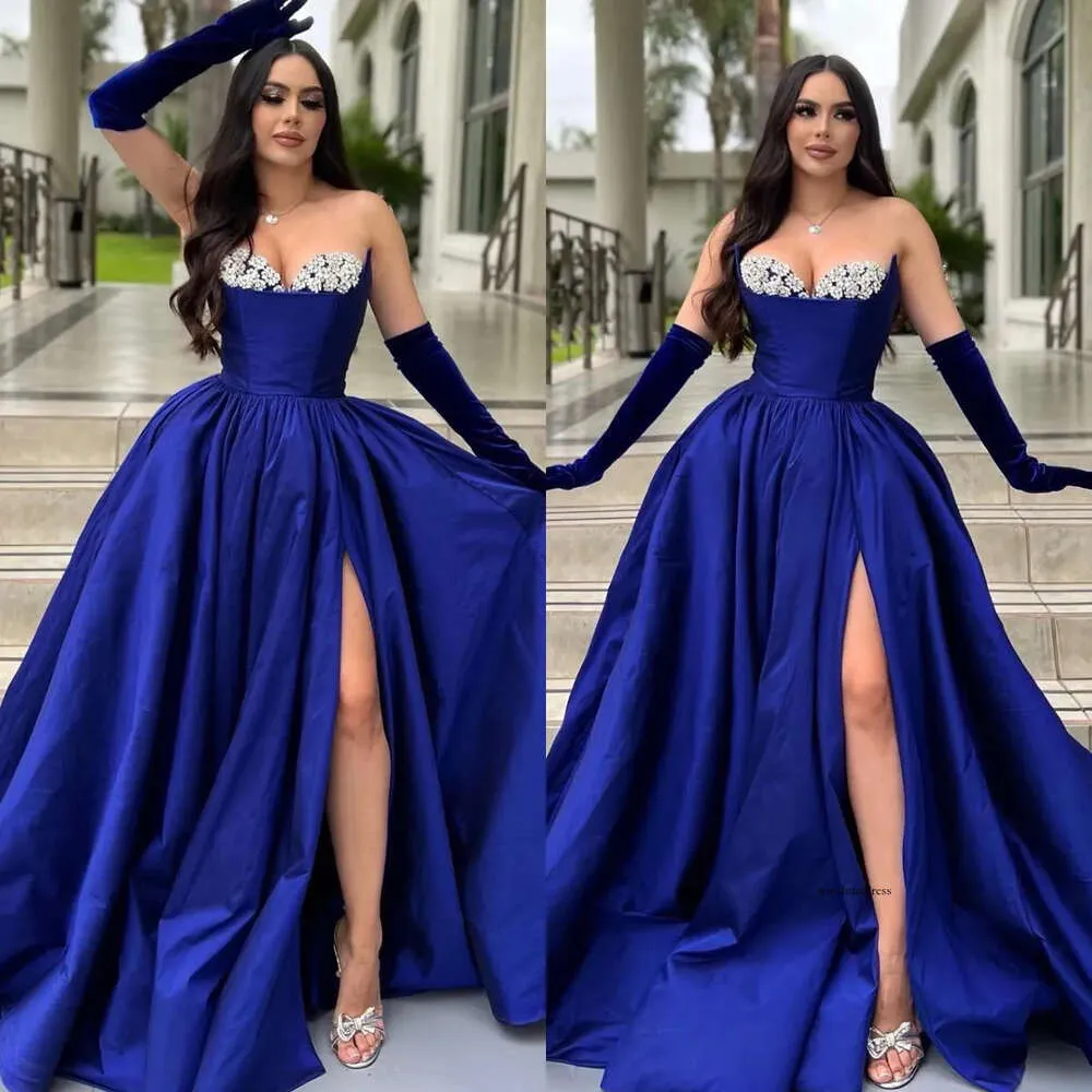 Elegant Royal Blue A Line Evening Dresses for Special Occasions Crystal Beaded Sweetheart Split Prom Sweep Train Pleated Long Dress