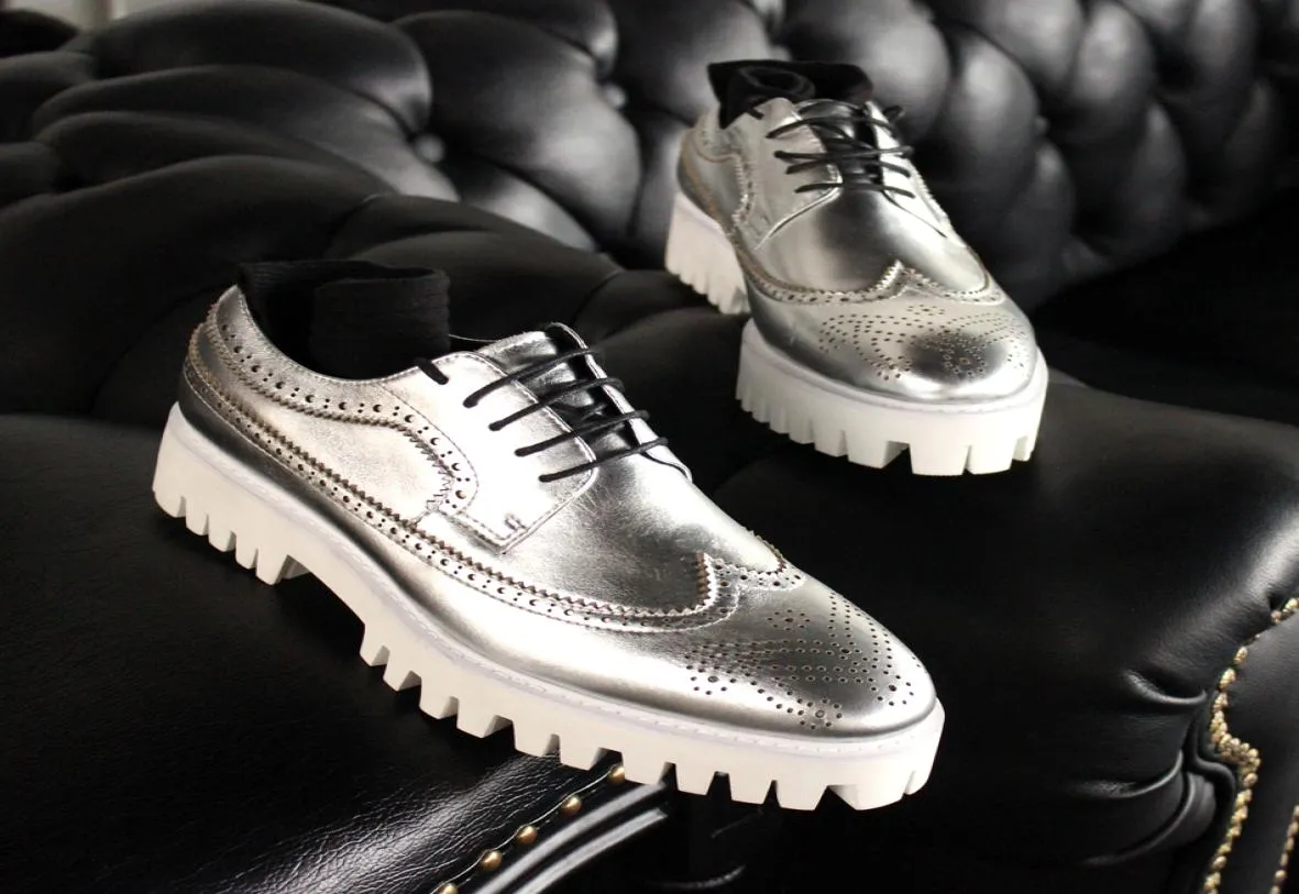 Silver snidade brogue loafers fullkorn läder handgjorda tjocka hälplattformar mens bröllopsklänningskor1458268