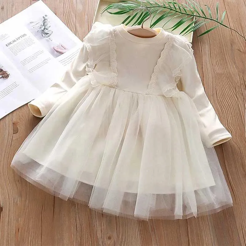 Sukienki dla dziewczynki Baywch Childrens sukienka dla dzieci solidna puszysta sukienka z długim rękawem wiosna i jesień 2-9-letnia dziecięca sukienka odzieżowa D240515