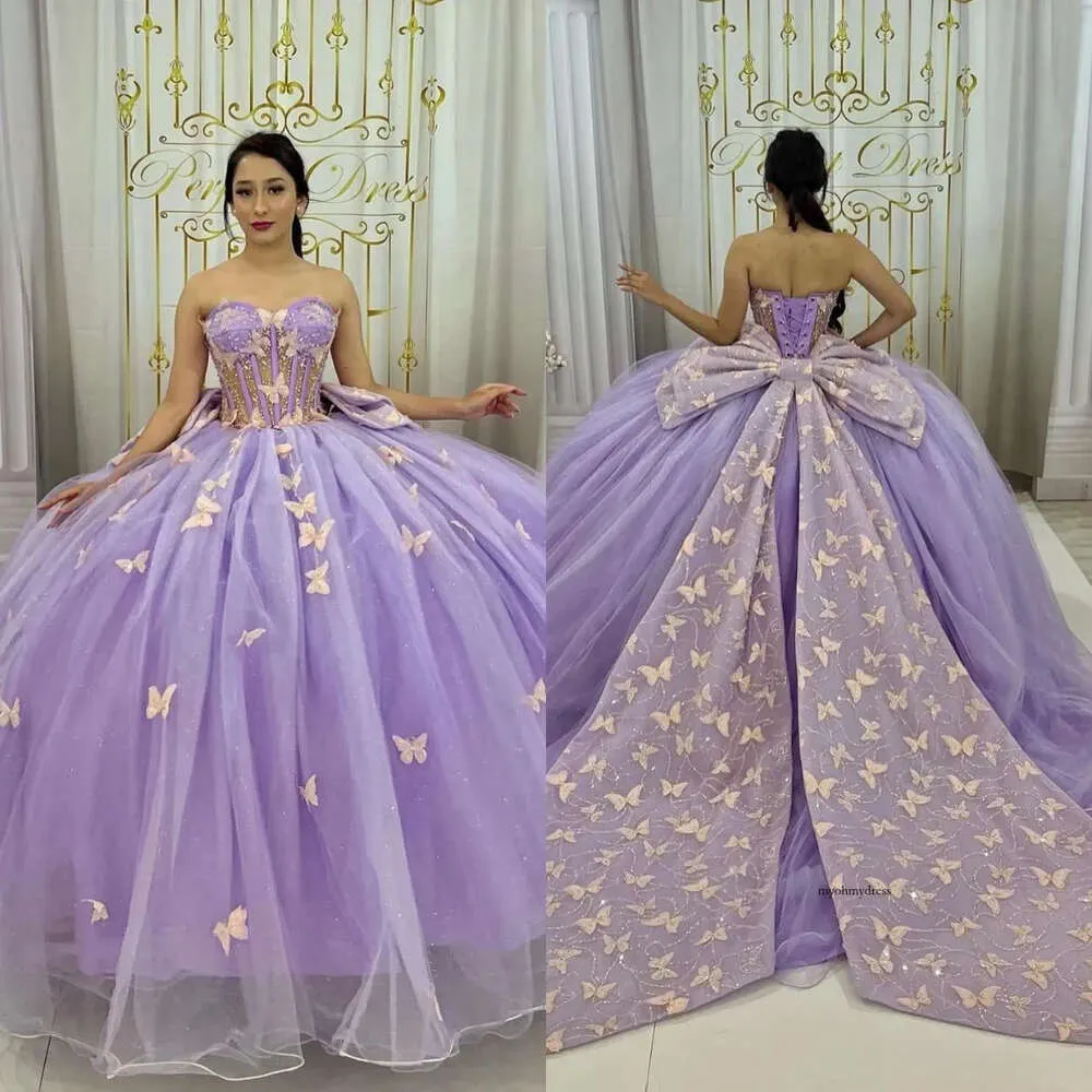 Sweet 15 Dresses Lavender Flower Dress Illusion Prom Dresses Butterfly  Applique Ball Gown Tulle Quinceanera Dress Sweetheart Neck Bowknot  Masquerade