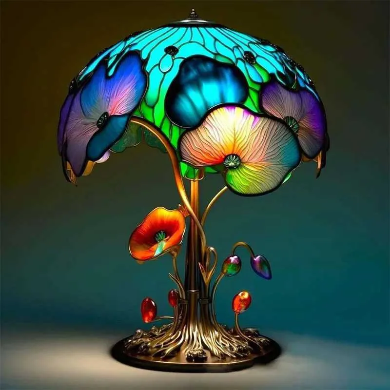 Table Lamps Creative Stained Plant Series Table Lamps Resin Colorful Bedroom Bedside Flower Mushroom Retro Table Night Lamp Atmosphere Light