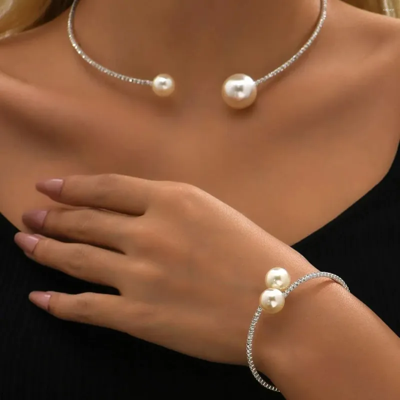 Boucles d'oreilles de collier Set Fashion Simple Imitation Pearl Opening Choker Bracelet Brangle For Women Silver Color Bijoux Cadeau