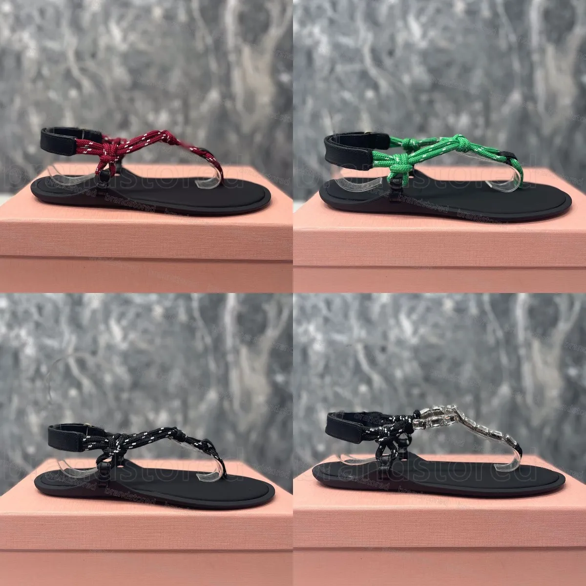 2024 scarpe miui riviere corda e sandali in pelle Donne per tanica sandalo Slingback abbellito Slingback Summer Slides Lace su Flip Mule Flat a tallone piatto 35-42 Nessuna scatola