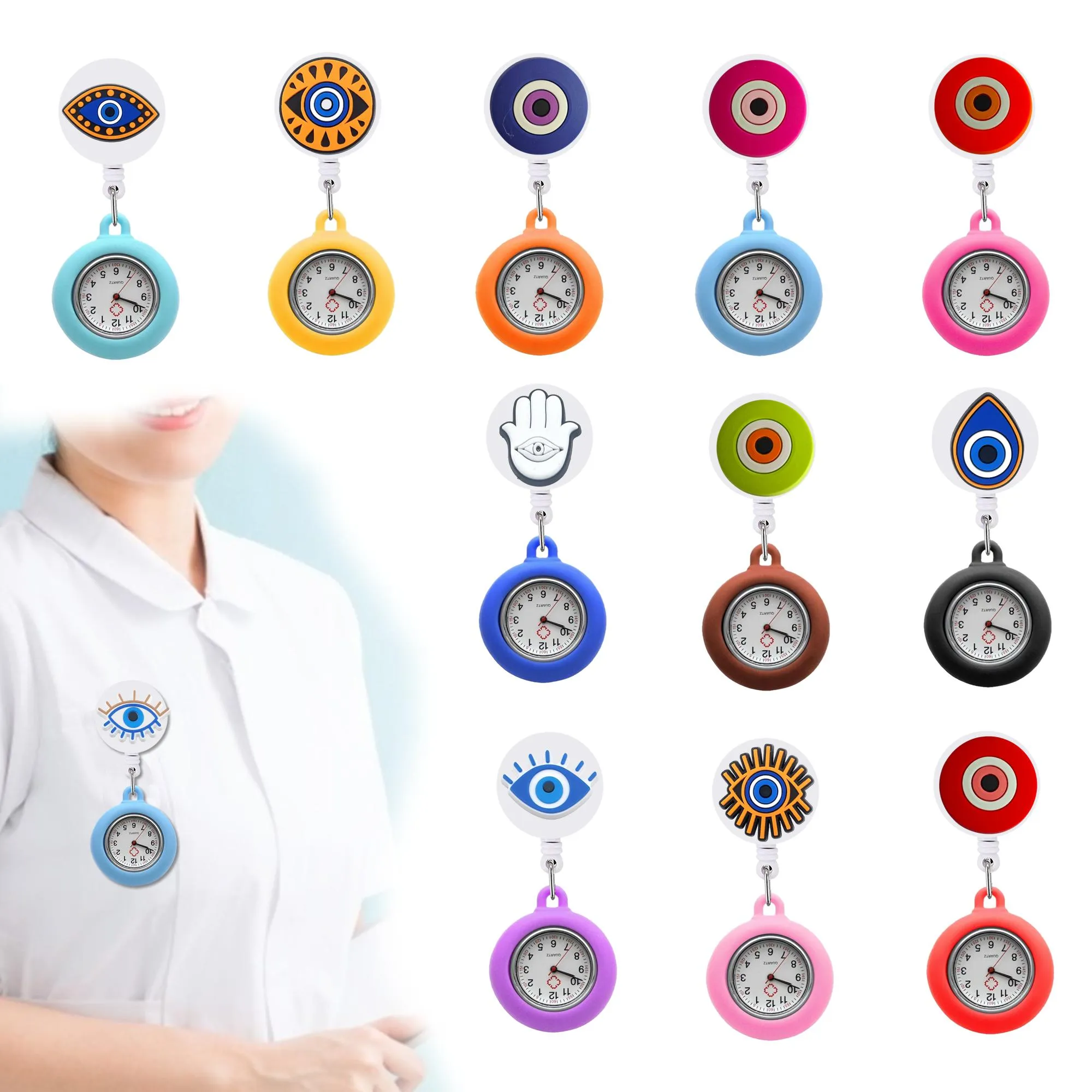 Party Favor Devils Eye Clip Pocket Watches Alligator Medical Hang Clock Gift Retractable Arabic Numeral Dial Nurse Watch Sile Brooch F Otfmz