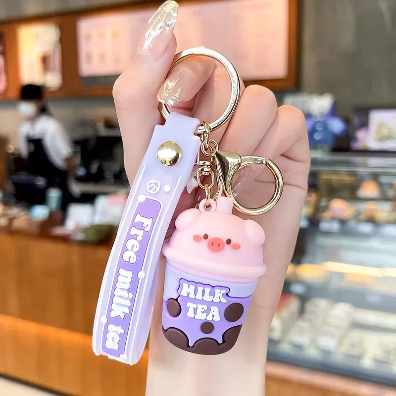 Cute Anime Keychain Charm Key Ring Lovely Piggy Milk Tea Cup Doll Couple Students Personalized Creative Valentine`s Day Gift UPS