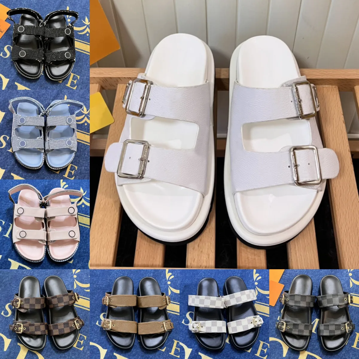 2024 Luxury Sandals Men Women Designer Slippers Paseo Slides Fashion Flat Denim Leather Blue Black White Brown Navy Man Platform Shoes Summer Beach Flip Flops Scuffs
