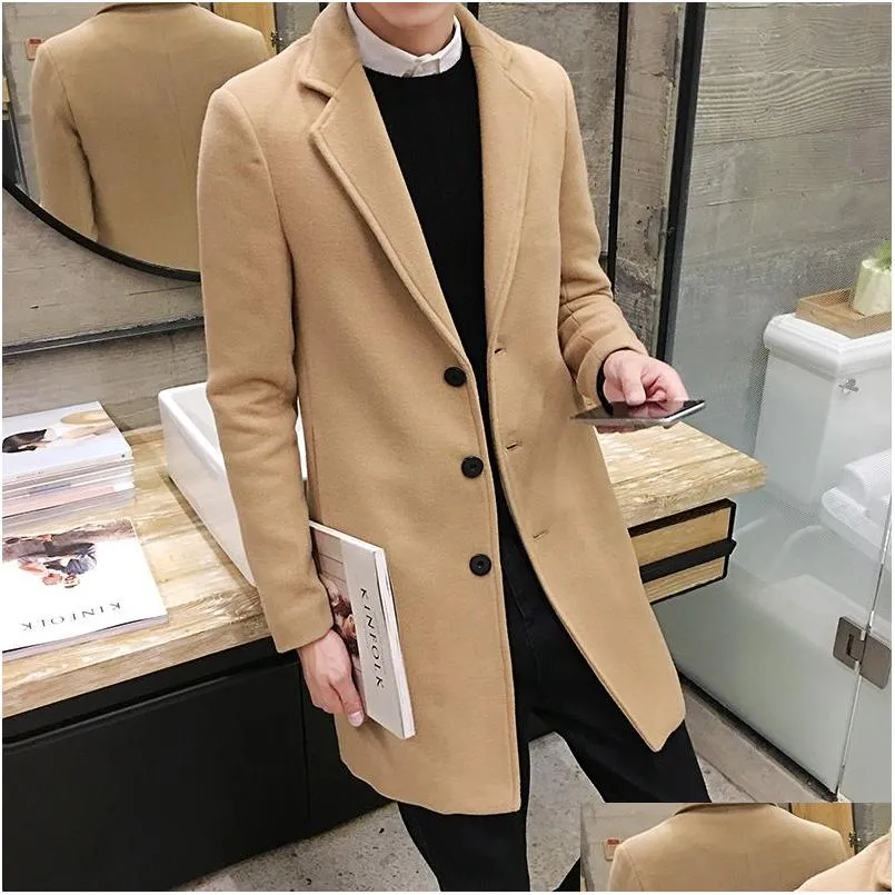 Mens Trench Coats Wholesale- Autumn Winter Men Fashion Single Breasted Coat Wool Blends Young Casual Blend Drop Delivery Apparel Cloth Dhwal